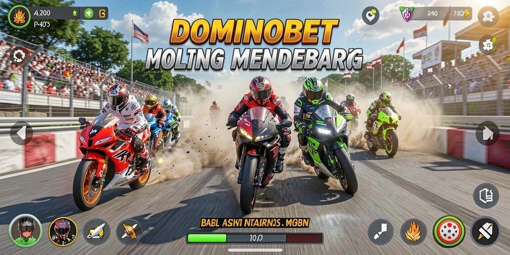 Screenshot gameplay DOMINOBET menampilkan balapan motor yang seru di lintasan.