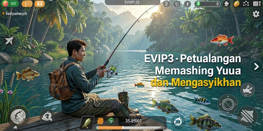 Screenshot game EVIP3 menampilkan momen seru saat memancing.