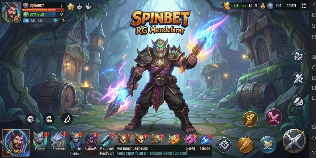 Screenshot gameplay SPINBET yang menampilkan pertarungan epik RPG.